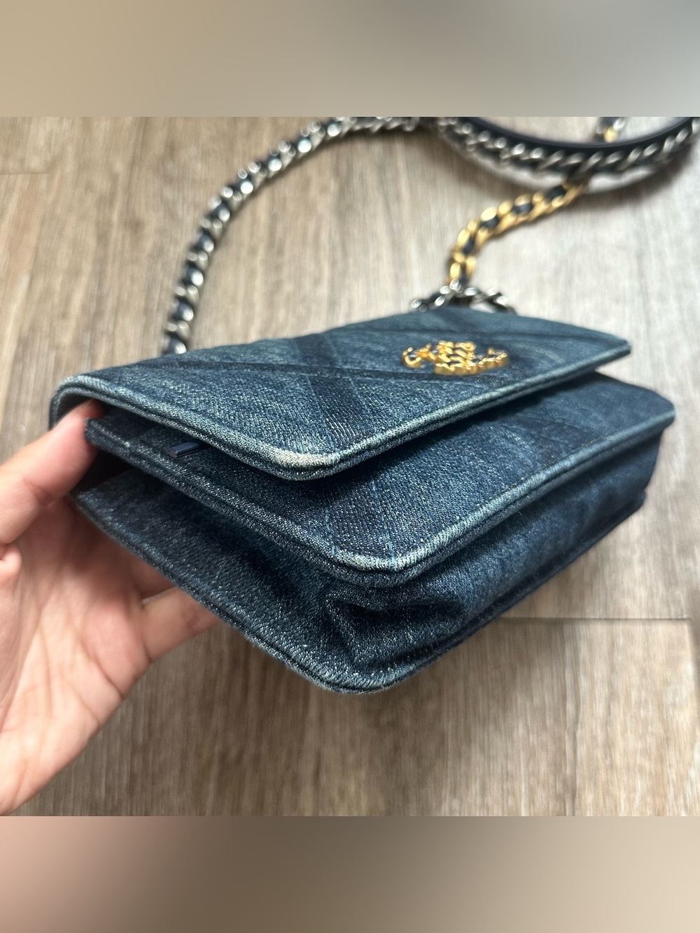 Chanel Denim Quilted Chanel 19 Wallet On Chain WOC Blue Shoulder Bag Crossbody - Picture 9 of 11